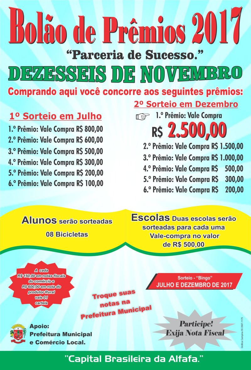 CONFIRA OS GANHADORES DO 1º E 2º SORTEIO DO BOLÃO DE PRÊMIOS 2017 